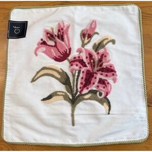 C&F White Pink & Green Floral Hooked Wool Pillow Cover Cottage MCM grandma NWT